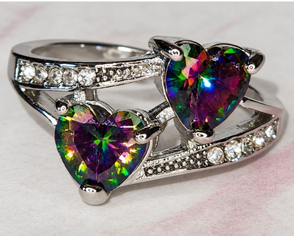 Twin Heart Cut Faux Gemstone & Crystals Stainless Steel Ring Size 9 New